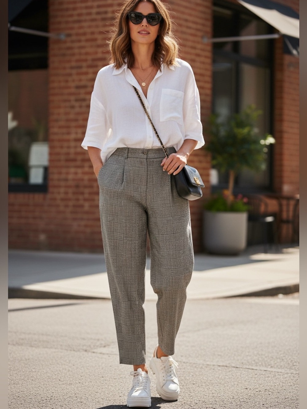 Vintage Tan Black Houndstooth Wool Silk High Waisted Pleated Chic Tapered Pant